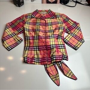 Y2K Thai Silk Plaid Button-Down Blouse Back Tie Top Size 14